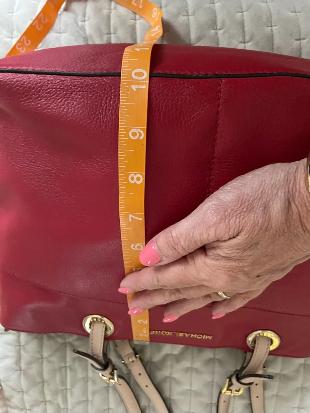 MICHAEL KORS Red Leather Tote with Beige Handles